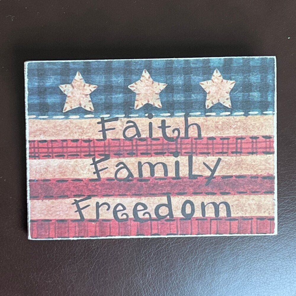 Faith Family Freedom Red Tan and Blue Refrigerator Magnet 3 1/2" X 2 1/2"